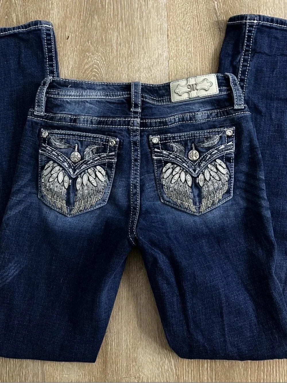 Miss Me Dark Blue Boot Cut Jeans with Silver Embroidered Pockets